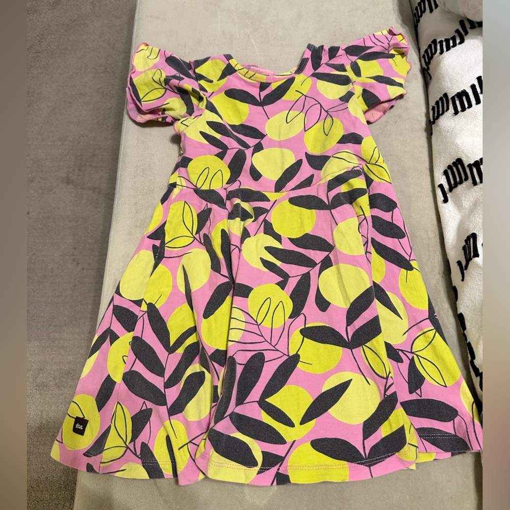 Tea Collection Girls Pink and Yellow Leaf Print Dress